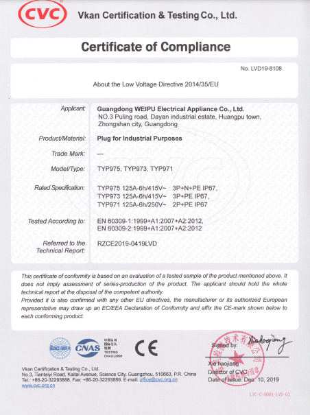 IP67 CEE Connetor 125A Male Plug